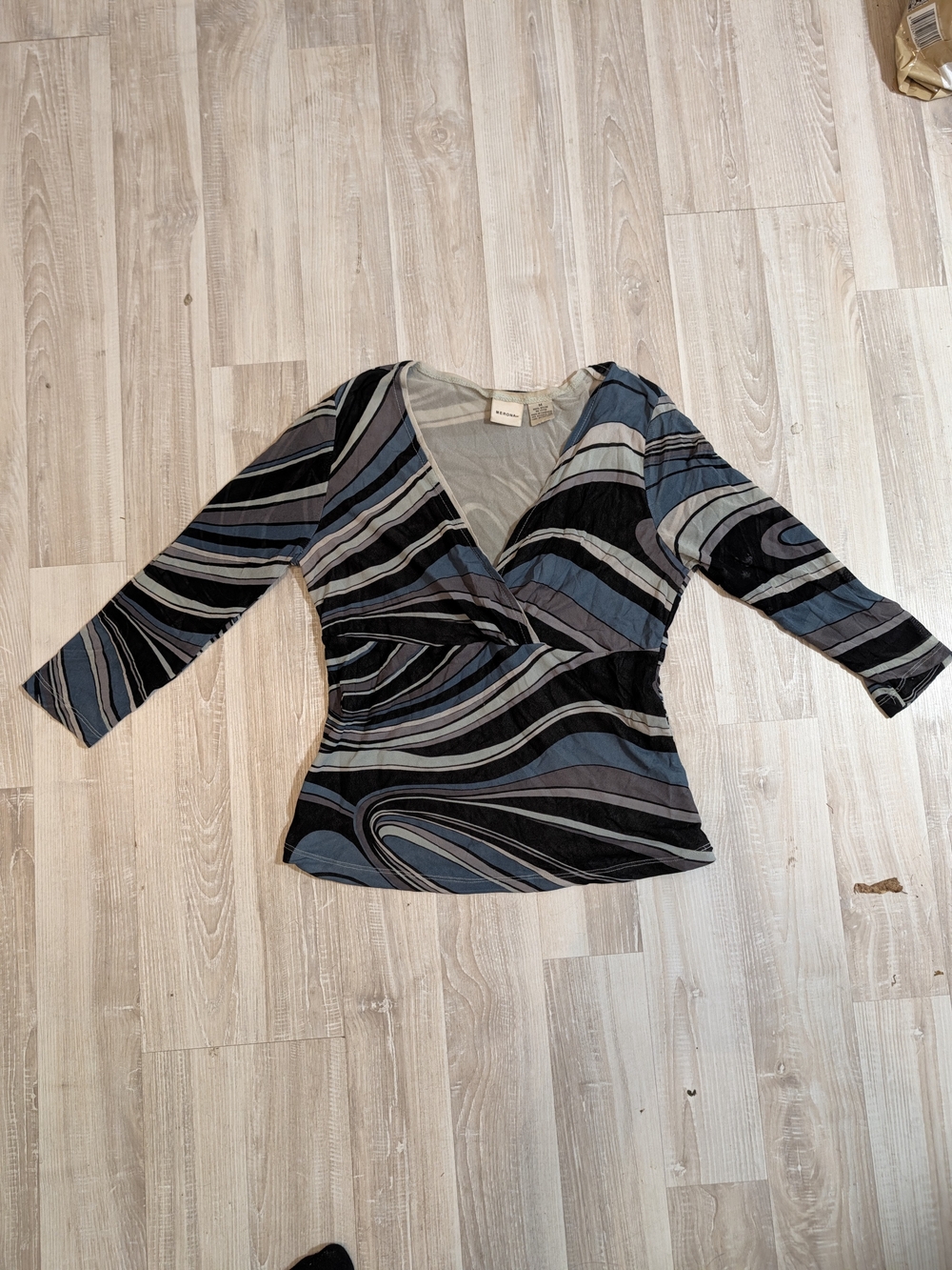 Vintage Merona Abstract Blue Black Gray Print Wrap Top